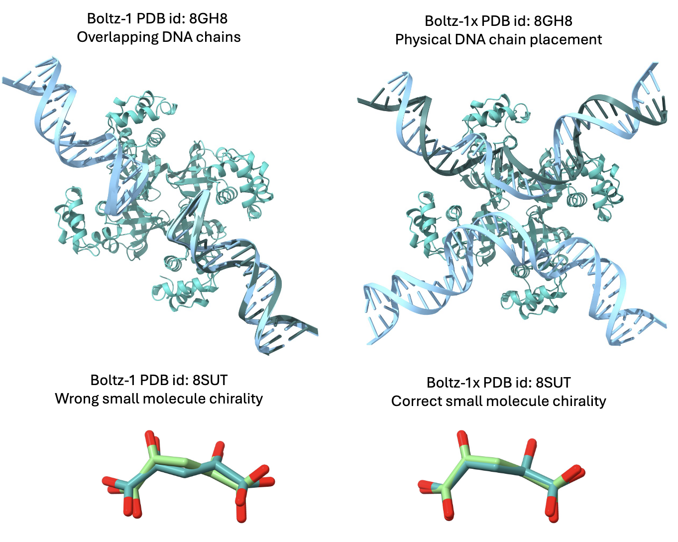 图 7 展示了 Boltz-1 导致非物理构象的一些失败案例（左侧）以及 Boltz-1x 修正后得到的合理构象（右侧）。