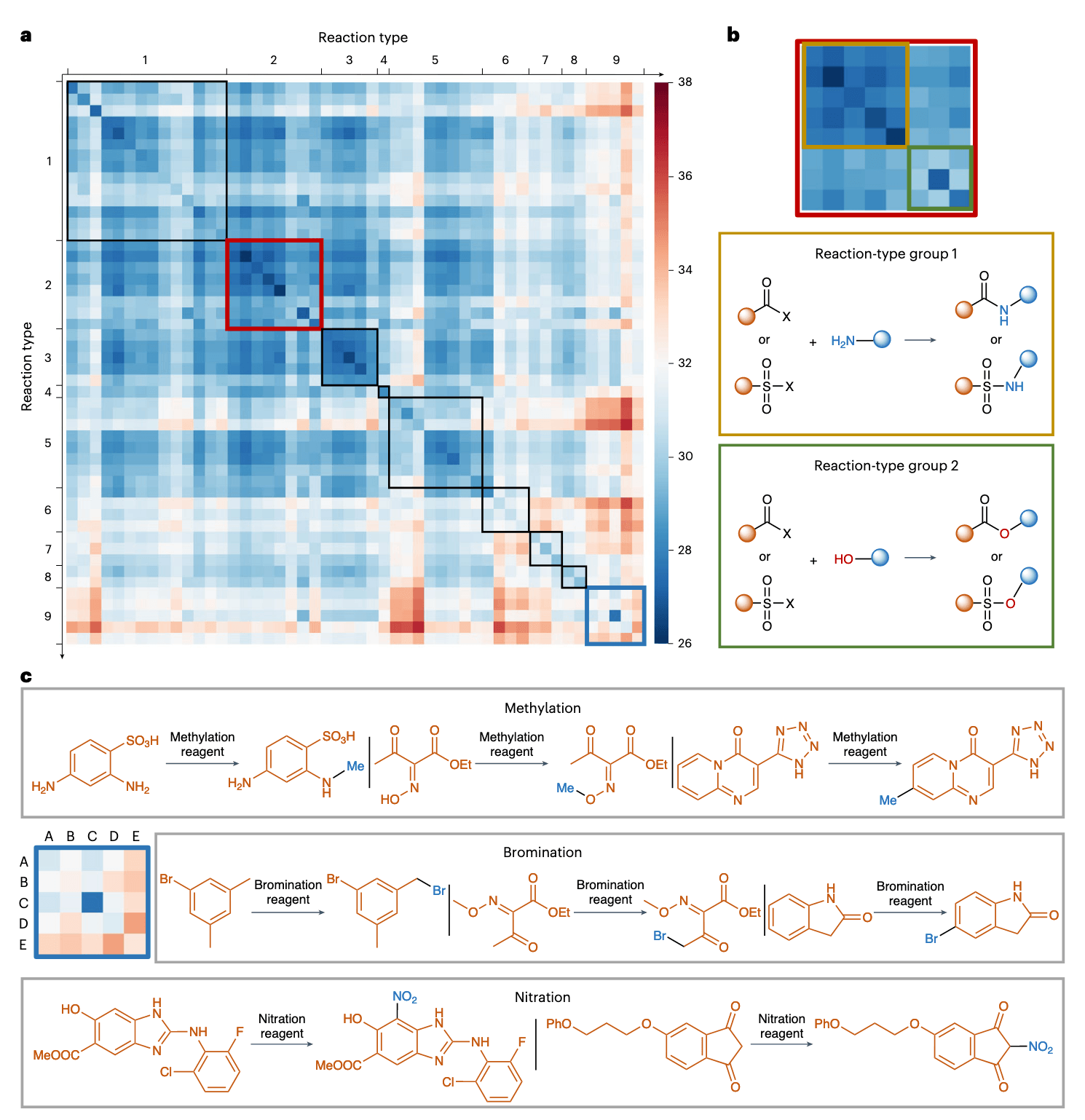 图 3|USPTO-50k 数据集中反应嵌入的距离分析:a,热图展示了 50,000 条化学反应嵌入在 9 个主类下的 50 个反应类型之间的距离分布;九大类包括:1. 杂原子烷基/芳基化,2. 酰基化及相关反应,3. C‒C 键形成,4. 保护,5. 去保护,6. 还原,7. 氧化,8. 官能团互变换,9. 官能团加成。b,展示了“酰基化及相关反应”类别中两个反应组的嵌入细节聚类情况。c,列出了“官能团加成”类别中的三个代表性亚类及其示例,包括:A. 溴化,B. 氯化,C. Wohl–Ziegler 溴化,D. 硝化,E. 甲基化。