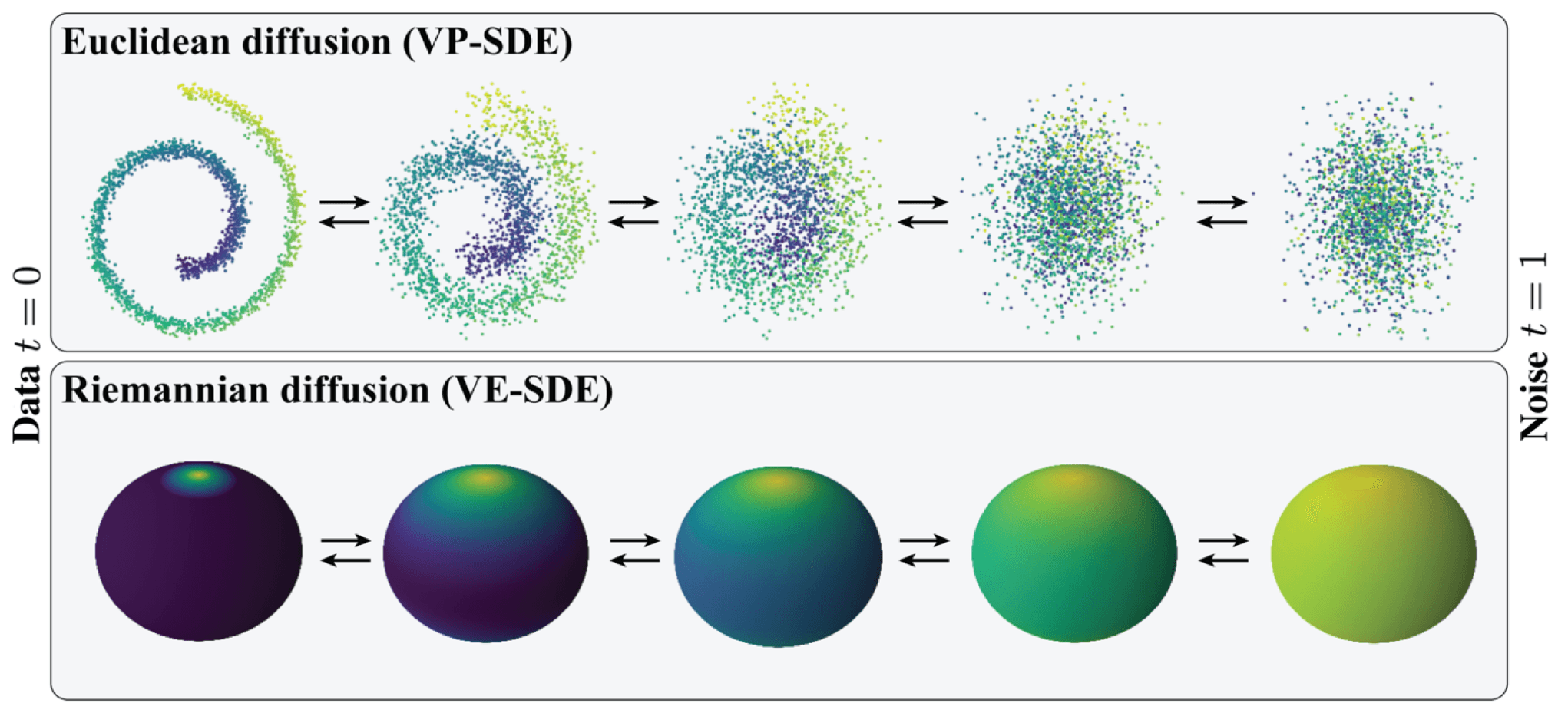 图 5 | 展示了扩散模型（DMs）在不同几何空间中的应用差异。大多数扩散模型是为欧几里得空间（即实数空间，图上方）设计的。而黎曼扩散模型（Riemannian DMs）则实现了对非欧几里得空间，更一般地说，是对黎曼流形的泛化。这类扩散过程需要额外的几何技术来确保数据始终保持在流形上（图下方）。