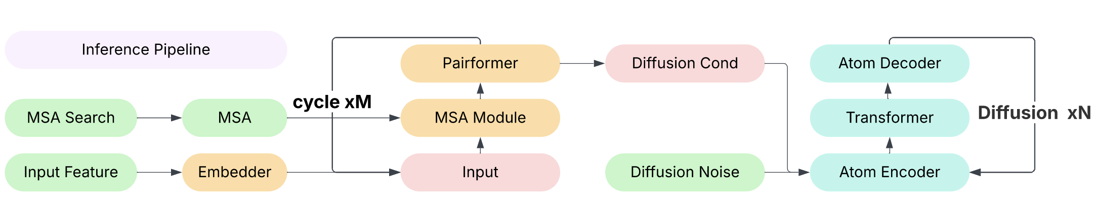图2 展示了 AF3 风格模型架构 的整体概览。模型分为两个阶段：首先是条件编码阶段（Diffusion Cond），将输入特征转化为潜在表示；随后进入扩散生成阶段（Diffusion Noise），从随机初始化的结构出发，逐步生成最终的三维原子结构。